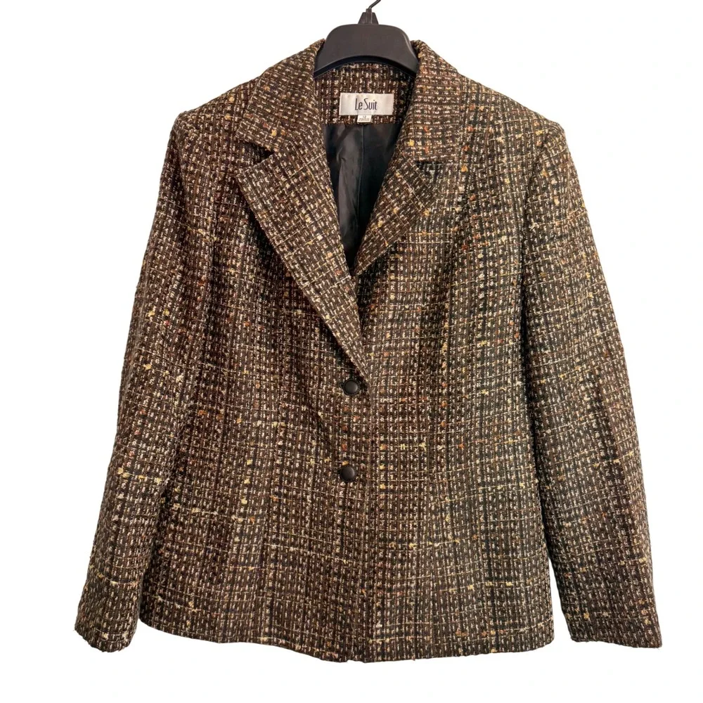 Le Suit Womens Brown Multi Tweed Skirt Suit Set Blazer Pencil Skirt Size 12
